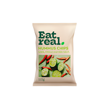 Eat Real Chilli Lime Hummus Chips 110g – Vegan Snack in Bright Green Pack
